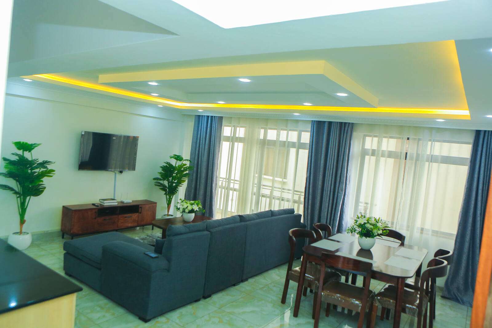 Hynvest serviced apartment open-plan living and dining area in Westlands, Nairobi